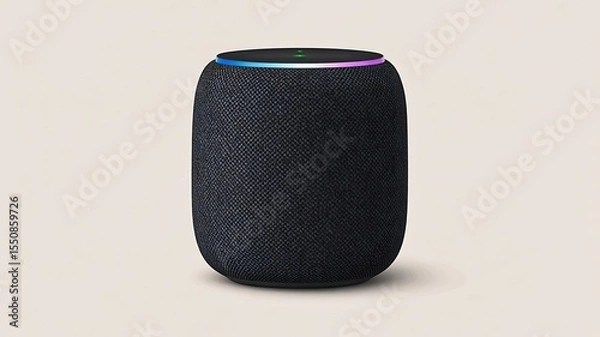 Obraz Modern black smart speaker with glowing ring on neutral background
