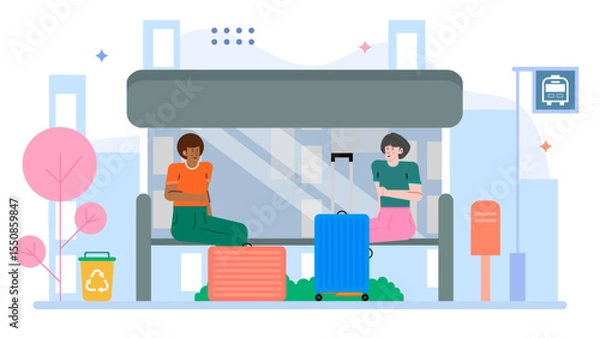 Fototapeta Two travelers wait patiently at a city bus stop with luggage. Suitable for travel blogs, transportation services, and urban lifestyles.