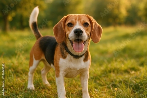 Fototapeta Joyful beagle dog playing happily in meadow with pure contentment and natural canine behavior in outdoor setting