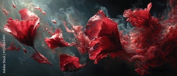 Fototapeta Abstract Red Petals Floating in a Dark Ethereal Space Scene