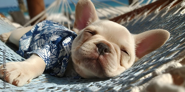 Fototapeta Restful Pup: This adorable French Bulldog enjoys a moment of blissful relaxation, lounging in a hammock with closed eyes, showcasing pure tranquility and a laid-back lifestyle.