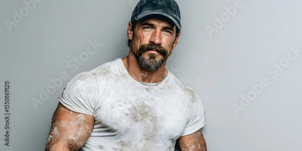 Fototapeta Confident Artisan: Portrait of a strong, weathered individual, exuding confidence and experience against a clean backdrop, embodying the spirit of a craftsman or manual worker.