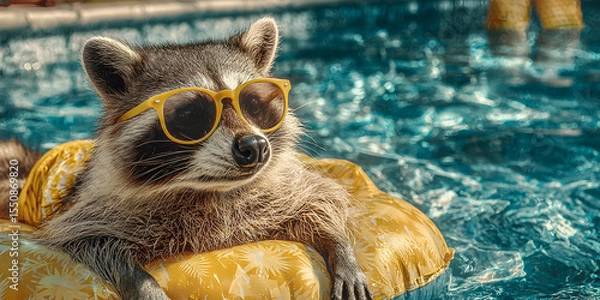 Fototapeta Chillin' Raccoon: A sun-kissed raccoon, sporting stylish sunglasses, lounges on a float in a refreshing pool.