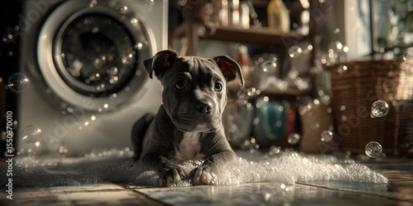 Fototapeta Puppy in Suds: A cute blue Staffordshire Bull Terrier puppy lies in a pile of suds, surrounded by bubbles near a washing machine, capturing a moment of playful innocence.