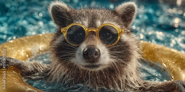 Fototapeta Raccoon's Poolside Bliss: An endearing raccoon, sporting stylish sunglasses, floats serenely in a swimming pool on a bright, sunny day, enveloped by the embrace of a yellow inflatable ring.