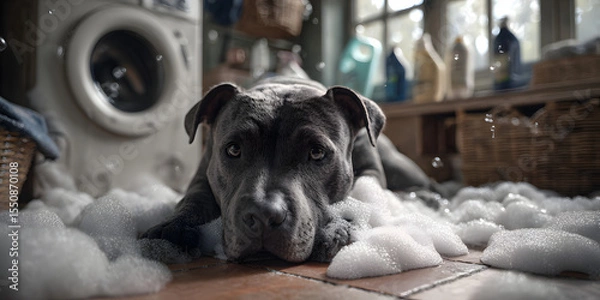Fototapeta Paws in Bubbles: A playful canine relaxes amid a soapy, bubbly, sudsy atmosphere inside the laundry room, exuding a captivating blend of curiosity and contentment.