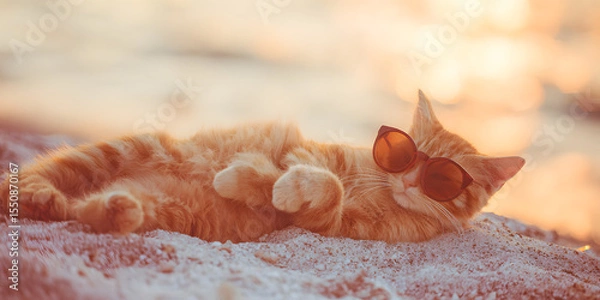 Fototapeta Beach Cat's Summer Relaxation: A ginger cat, adorned with sunglasses, enjoys the bliss of a sunny day while lounging at the beach, capturing the essence of relaxation and vacation.