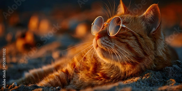Fototapeta Cat's cool retreat: A ginger cat with round spectacles basks in golden sunlight, reveling in the warmth and tranquility of a perfect day.