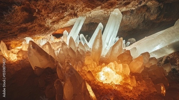 Obraz Massive quartz crystals in a cave, illuminated by warm light.