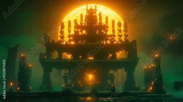 Obraz Massive, ruined temple complex bathed in an orange moon's light, sits in a misty, swampy landscape.