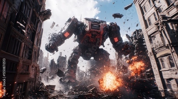 Obraz Massive robot warrior destroys urban cityscape in post-apocalyptic war.
