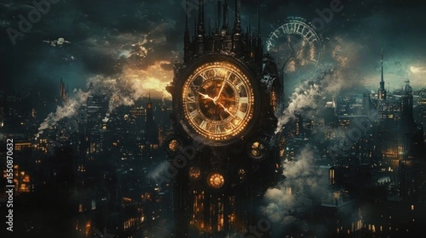 Obraz Massive steampunk clock tower over a night city with steam and clouds.