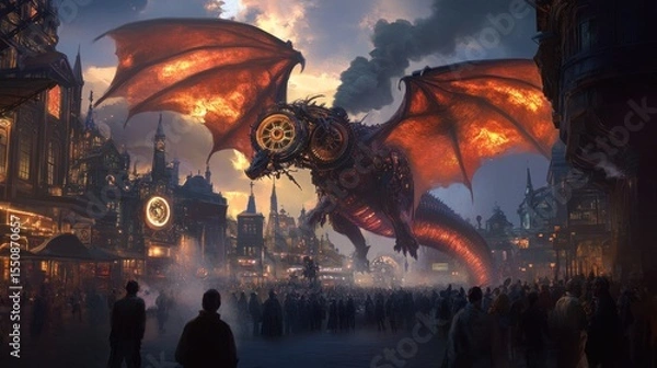 Obraz Massive steampunk dragon hovers over a crowd in a fantasy city at dusk.