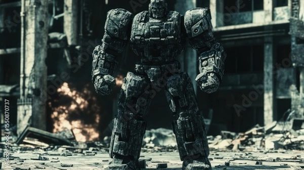 Obraz Massive, stone-like robot stands amidst a bombed-out cityscape, a scene of destruction and devastation.