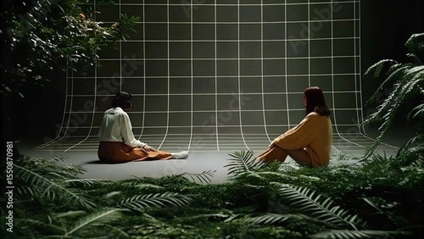 Obraz Two women seated on a lush green floor, surrounded by ferns, facing a grid-patterned backdrop, creating a serene and contemplative atmosphere in a creative studio space