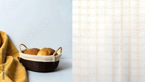 Obraz Freshly baked bread rolls in a woven basket with a soft cloth, accompanied by a patterned backdrop, creating a warm and inviting culinary atmosphere for food photography
