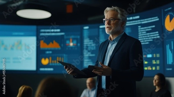 Obraz Mature businessman presenting data on a tablet in a modern conference room with large screens showing financial information.