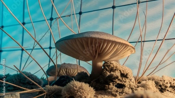 Obraz Close-up view of a mushroom growing in sandy soil, surrounded by delicate strands, showcasing intricate textures and natural beauty in a vibrant, illuminated environment