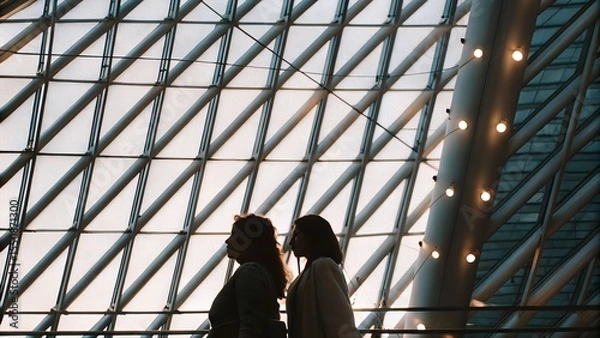 Obraz Silhouettes of two women standing against a modern glass structure, with geometric patterns and soft lighting creating an artistic atmosphere of connection and reflection