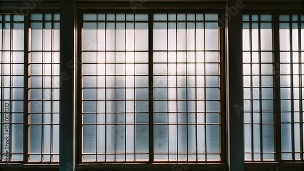 Obraz Elegant wooden window design with frosted glass panels, allowing soft light to filter through, creating a serene atmosphere and enhancing interior aesthetics in a modern space