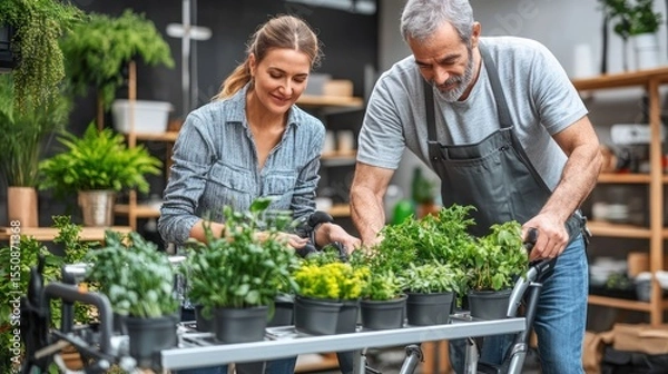 Obraz Mature couple working together in a plant shop, arranging potted herbs on a mobile cart.