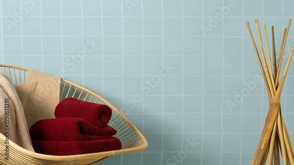 Obraz Cozy woven basket filled with soft towels in warm colors, placed beside a decorative wooden stand against a light blue tiled wall, enhancing a serene bathroom atmosphere
