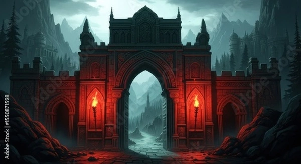 Fototapeta Enchanting Medieval Gothic Archway Entrance to a Mystical Dark Forest Under a Gloomy Sky