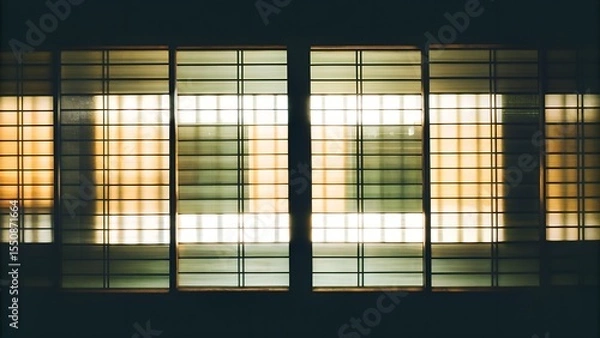 Obraz Abstract geometric pattern of illuminated panels with a grid design, creating a warm glow and contrasting shadows, enhancing the ambiance of modern architecture and interior design