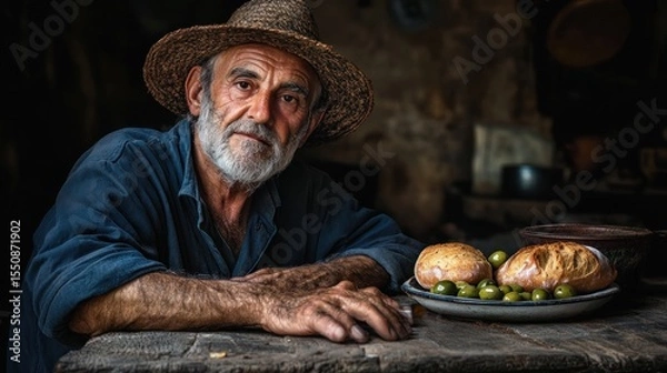 Obraz Mature farmer with bread and olives.