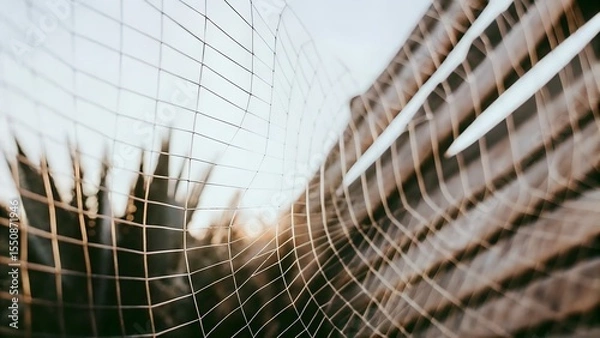 Obraz Intricate spider web glistening in soft sunlight, suspended between wooden structures, showcasing delicate patterns and natural beauty in a serene outdoor setting