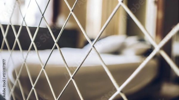 Obraz Softly lit bedroom interior with a blurred bed in the background, framed by a diamond-patterned mesh, creating a sense of depth and tranquility in the space