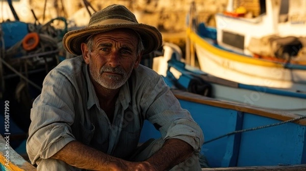 Obraz Mature fisherman seated in fishing boat at harbor.