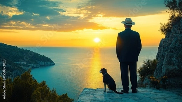 Obraz Mature man and dog watching a beautiful sunset over the ocean from a cliff top.