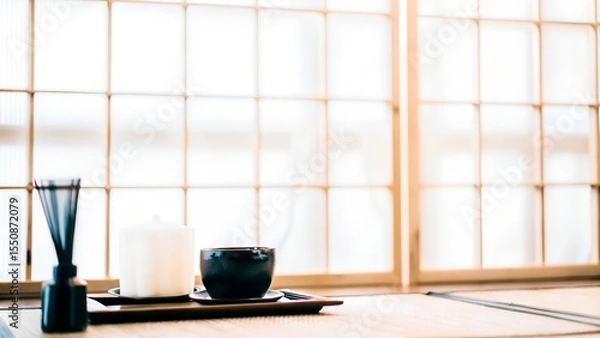 Obraz Minimalist tea setting featuring a black bowl, white candle, and incense holder on a wooden tray, illuminated by natural light through shoji screens, creating a serene atmosphere