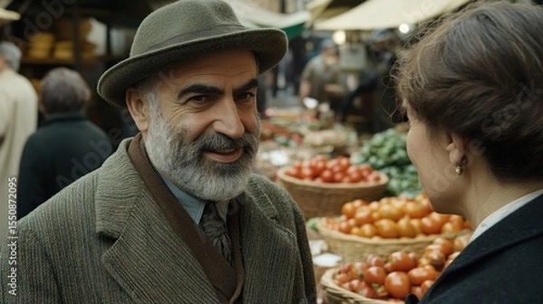 Obraz Mature man and woman conversing in a bustling outdoor market, surrounded by fresh produce.