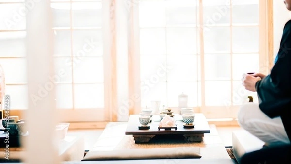 Obraz Traditional Japanese tea ceremony setting with a person seated on tatami mats, surrounded by tea utensils and natural light, creating a serene and cultural atmosphere
