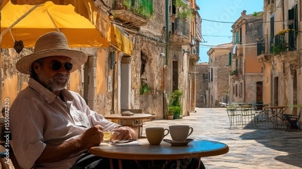Obraz Mature man enjoying a coffee break in a charming Italian village street cafe.