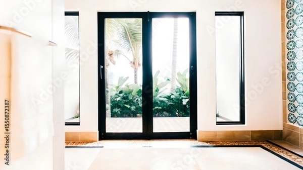 Obraz Modern interior space featuring large glass doors opening to a lush tropical garden, with bright natural light illuminating the elegant design and inviting atmosphere