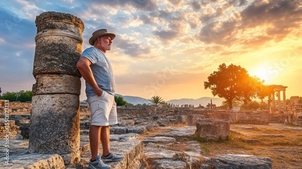 Obraz Mature man exploring ancient ruins at sunset. (1)