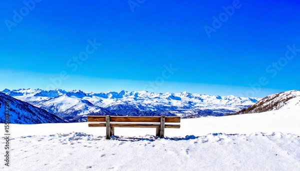 Obraz Sturdy Wooden Bench on Hilltop Overlooking Snow-Capped Mountain Range in Winter