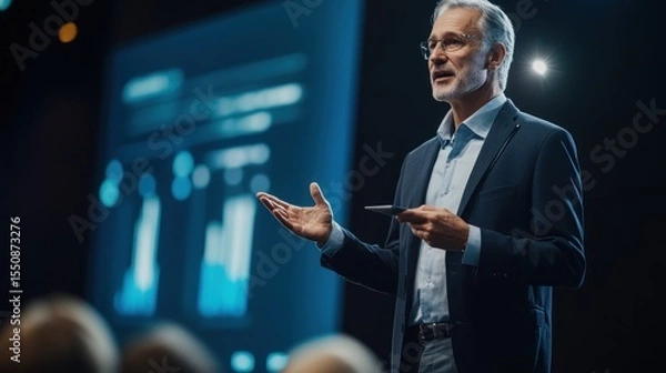 Obraz Mature man giving a presentation on stage in front of an audience.