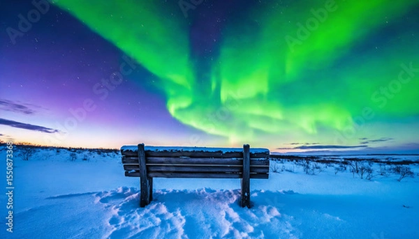 Obraz Snowy Winter Bench Under Northern Lights, Starry Night Scene