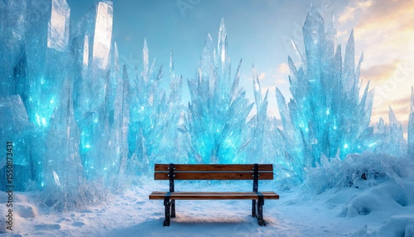 Obraz Magical Winter Fantasy Scene with Ice Crystals and Wooden Bench, Surreal Frozen Landscape, Dreamy Atmosphere