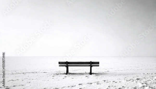 Obraz Minimalist Winter Bench in Snowy Field, Monochrome Landscape