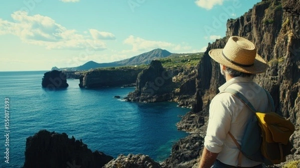 Obraz Mature man hiking coastal cliffs, enjoying scenic ocean view.