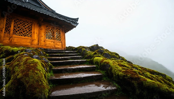 Obraz Rustic Wooden House on Misty Asian Hilltop with Moss-Covered Stone Steps