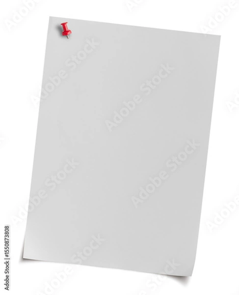 Fototapeta white note paper texture with curled corner, pinned red push button, ready for your message. Front view. white poster mockup on wall. empty paper mockup png, clipping path