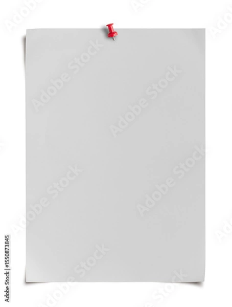 Fototapeta white note paper texture with curled corner, pinned red push button, ready for your message. Front view. white poster mockup on wall. empty paper mockup png, clipping path