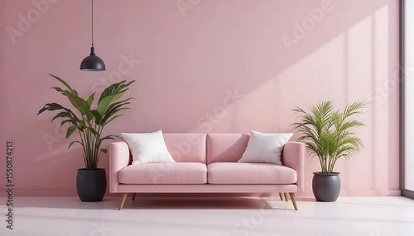 Fototapeta Soft Pink Sofa With Green Plants In Sunlight Lit Room