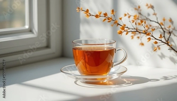 Fototapeta Enjoying Warm Herbal Tea on a Sunny Day by the Window